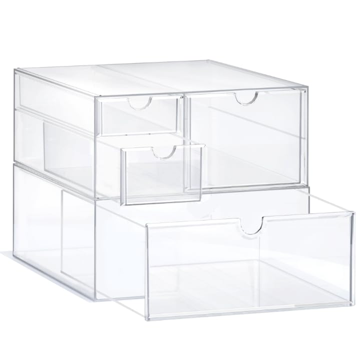 Prsildan Acrylic Drawer Makeup Organizer with 4 Drawers  Set of 2 Office Desk Organizers Accessories  Clear Stackable Storage Drawers for Vanity  Countertop  Craft  Jewelry  Art Supply Organization - Image 1